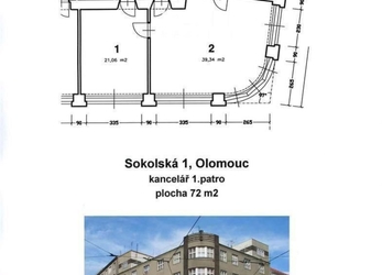 Pronájem nebytových prostor 72 m, 4 místnosti ve 2. patře, Olomouc, ulice Sokolská