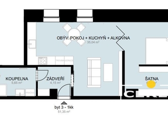 Byt 1+kk, 51,35 m2, Rezidence Studentská Žatec
