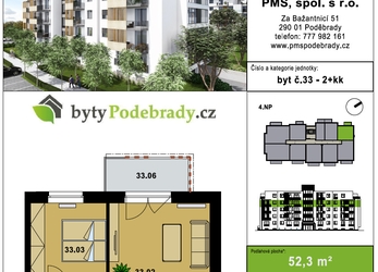 Pronájem bytu 2+kk, 2x parking, sklep v novostavbě bytového domu v Poděbradech