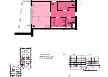 Družstevní ateliér 2+kk, 68,47 m2 + balkón 10,23 m2, Residence Růžák budova B