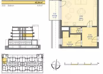 Prodej, byt 1+kk 45,14 m2 + balkón 4,4 m2, Residence Kutná Hora