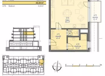 Prodej, byt 1+kk 45,14 m2 + balkón 4,4 m2, Residence Kutná Hora