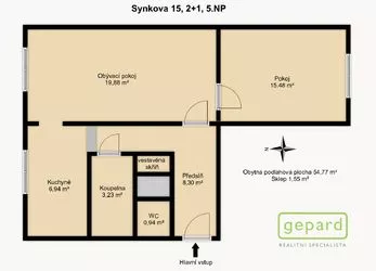 Pronájem bytu 2+1, 54,77 m² + sklep 1,55 m²