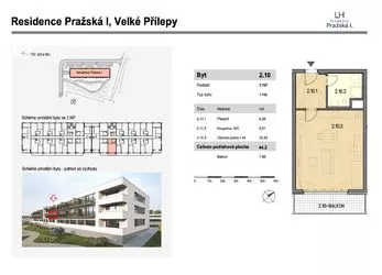 Prodej bytu 1+kk 44,2 m2 + balkón 7 m2, Residence Pražská
