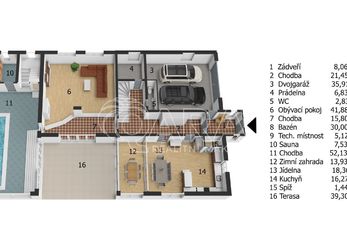 Velký rodinný dům 7+1 s plochou přes 500 m2, vlastní hřiště, bazén, terasa, pozemek 1.865 m2
