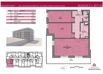 Prodej bytu 3+kk o velikosti 84,4 m2 s terasou 20,2 m2, Nová čtvrť Branišovská
