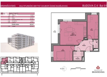 Prodej bytu 3+kk o velikosti 62 m2 s terasou 15,9 m2, Nová čtvrť Branišovská